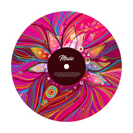 Retro vinyl record with red label. Vinyl isolated on white. Old technology. Realistic retro design. Musical festival, concertのイラスト素材