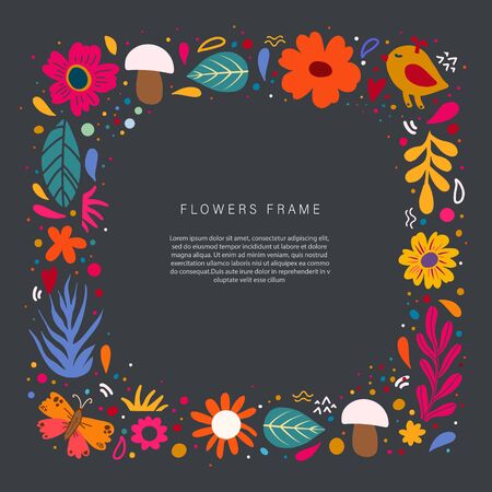 Abstract frame with flowers, leaves and birds vector template. Floral vintage border for text on gray background. Wedding invitation, spring, summer holiday poster.のイラスト素材