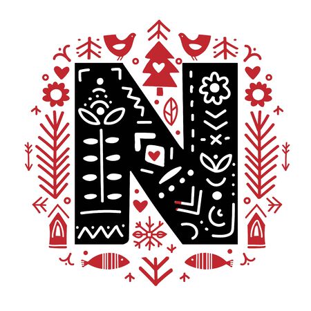 Creative letter N with folk motives - scandinavian. Vector illustration.のイラスト素材