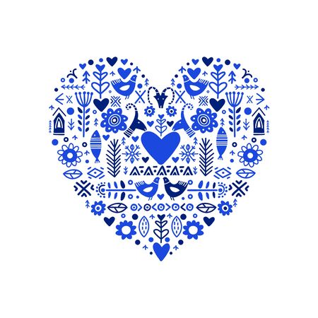I Love You poster in ethnic folk style on blue colors. Folk Heat. Happy Valentines Day design. Trendy handwritten illustration for t-shirt design, poster or save the date card design.のイラスト素材