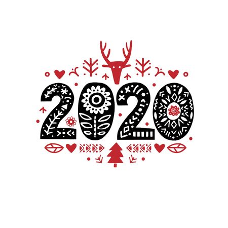 2020 Merry Christmas Calligraphy Template. Lettering poster 2020 New Year in ethnic folk style.のイラスト素材