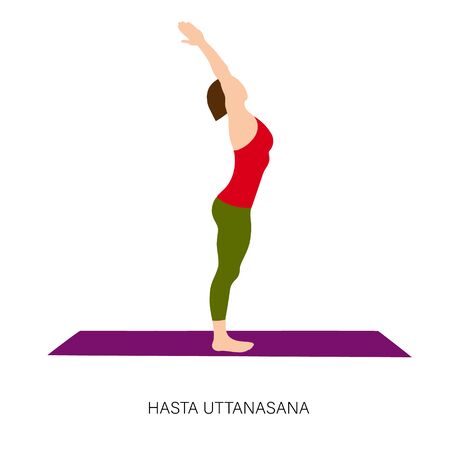 Yogi woman in Hasta Uttanasana or Raised Arms Pose. Female cartoon character practicing Hatha yoga. Girl demonstrating exercise during gymnastics training. Flat vector illustration.のイラスト素材