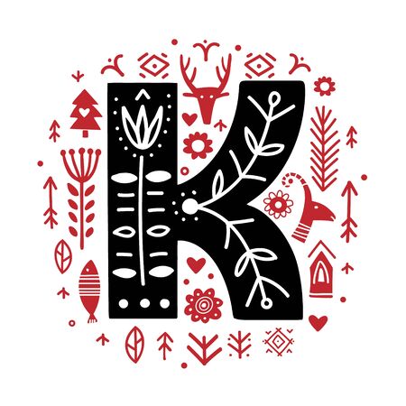 Creative letter K with folk motives - scandinavian. Vector illustration.のイラスト素材