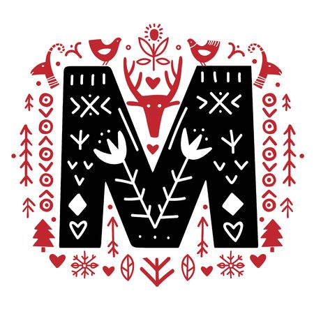 Creative letter M with folk motives - scandinavian. Vector illustration.のイラスト素材