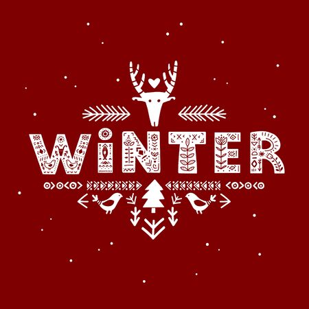 Winter lettering on blackboard in ethnic folk style. Hand drawn typographic inscriptions. Winter lettering with Scandinavian floral ornament. Bold type letters with ethnic decorative leaves, flowers.のイラスト素材