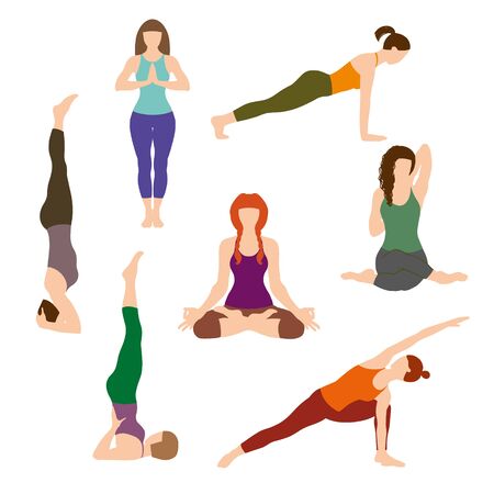 Silhouettes girl practicing yoga stretching exercises. Shapes of woman doing yoga fitness workout. Set off yoga positions. Female cartoon character practicing Hatha yoga. Flat vector illustrationのイラスト素材