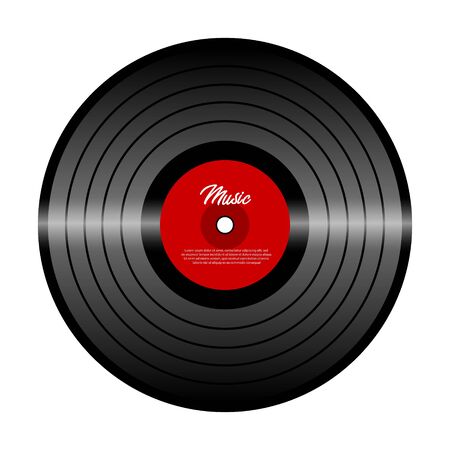 Retro vinyl record with red label. Vinyl isolated on white. Old technology. Realistic retro design. Musical festival, concertのイラスト素材