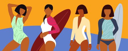 Set Girls surfer in a swimsuit holding a surfboard in flat style. Concept of healthy and fitness lifestyle. Girls in a swimsuit. Beach and surfings design for poster, t-shirt or cards.のイラスト素材