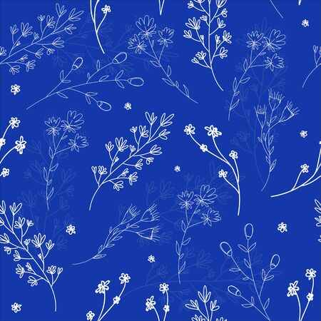 Blue Floral seamless pattern with flowers and branch. Blue colors. Seamless pattern can be used for wallpaper, pattern fills, web page background, surface textures.のイラスト素材