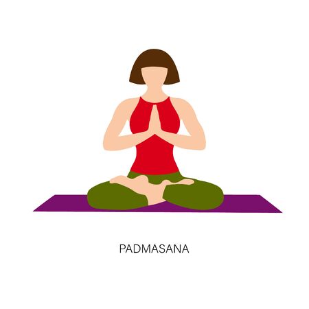 Yogi woman in Ardha padmasana or Yoga Lotus pose. Female cartoon character practicing Hatha yoga. Girl demonstrating exercise during gymnastics training. Flat vector illustration.のイラスト素材