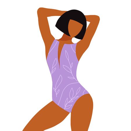 Tanned Girl surfer in a purple swimsuit in flat style. Concept of healthy and fitness lifestyle. Girl power concept. Girl in a swimsuit. Beach and surfings design templateのイラスト素材