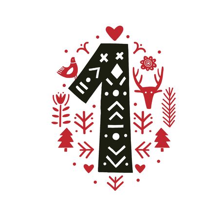 Creative number 1 with folk motives - scandinavian. Vector illustration.のイラスト素材