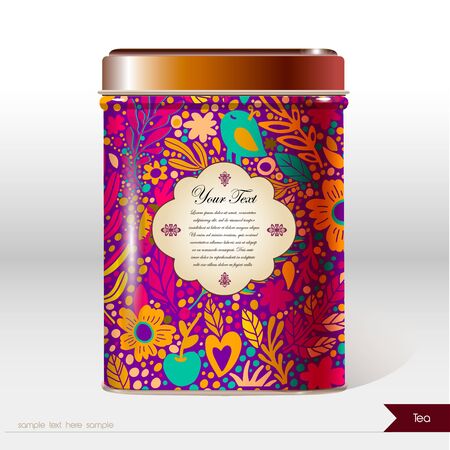 Vector box with flowers, leaves , plants and place for your text. Design product package. Tea, coffee, dry productsのイラスト素材