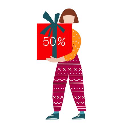 Girl holds a sale box with a gift flat hand drawn illustration. Sale Template design. Flat design vector people different characters, styles and professions, diverse acting poses shopping collection.のイラスト素材