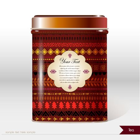 Vector box with abstract folk ornament and place for your text. Design product package. Tea, coffee, dry productsのイラスト素材