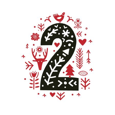 Creative number 2 with folk motives - scandinavian. Vector illustration.のイラスト素材