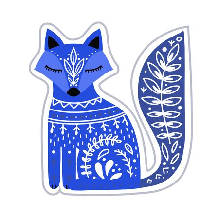 Cute blue folk art fox on white background. Hand drawn vector illustration in Scandinavian, Nordic style. Good for t-shirt design, gift card, kids products, poster or textile design.のイラスト素材