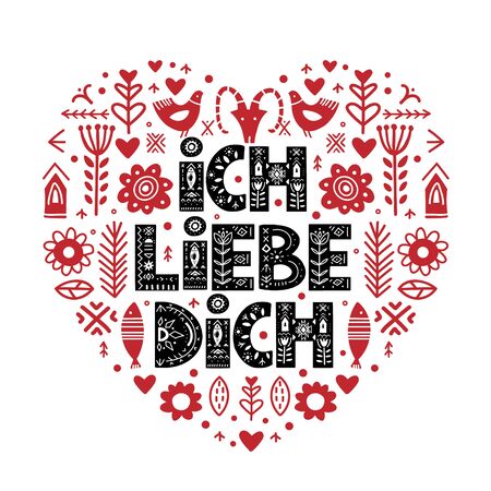 Ich Liebe Dich Calligraphy Template in German. Lettering poster Ich Liebe Dich in ethnic folk style.のイラスト素材