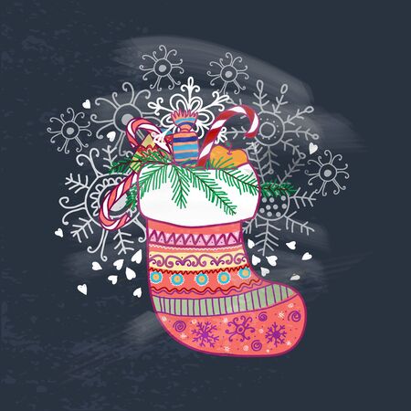 Christmas multicolored sock with gift,candy and other decorations on blackboardのイラスト素材