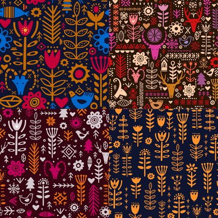 Set of Four Abstract plants and deer in nordic style handdrawn seamless pattern. Abstract cartoon flowers on dark background. Textile, wallpaper, wrapping paper design ideaのイラスト素材