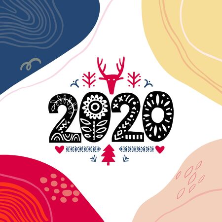 2020 Merry Christmas Calligraphy Template. Lettering poster 2020 New Year in ethnic folk style.のイラスト素材