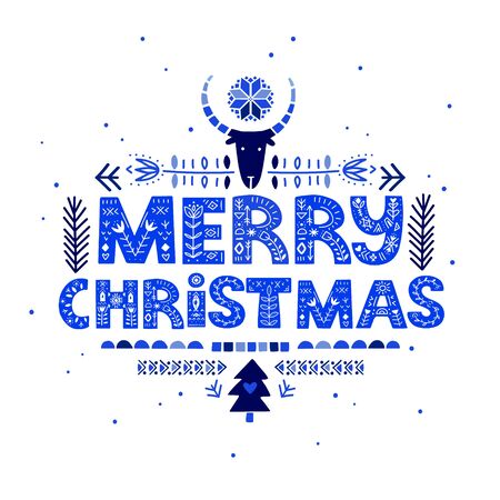 Merry Christmas lettering on blue color in ethnic folk style. Hand drawn typographic inscriptions. Merry Christmas lettering with Scandinavian floral ornament.のイラスト素材