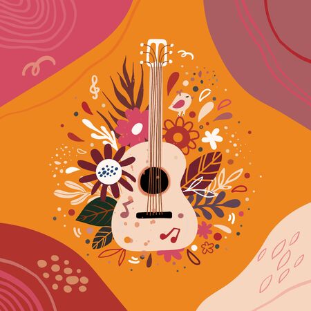 Guitar flat hand drawn vector illustration. Musical instruments shop, store poster design idea. Cartoon guitar with flowers and leaves. Rock band performance, concert banner templateのイラスト素材