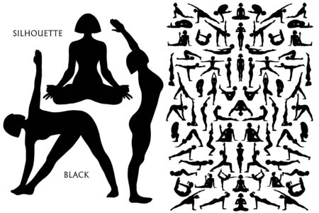 Set of Black silhouette Yogi woman in Asana Pose. Female cartoon character practicing Hatha yoga. Girl demonstrating exercise during gymnastics training. Flat vector illustration.のイラスト素材