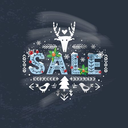 Sale lettering on blackboard in ethnic folk style. Hand drawn typographic inscriptions. Sale lettering with Scandinavian floral ornament. Bold type letters with ethnic decorative leaves, flowers.のイラスト素材