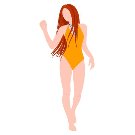 Hippie girl in orange swimsuit isolated on white background. Subculture. Cartoon. Hand-Drawn Flat Vector illustration.のイラスト素材