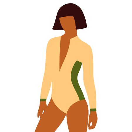 Tanned Girl surfer in a yellow swimsuit in flat style. Concept of healthy and fitness lifestyle. Girl power concept. Girl in a swimsuit. Beach and surfings design templateのイラスト素材