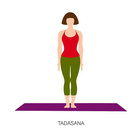 Yogi woman in Tadasana or Mountain yoga pose. Female cartoon character practicing Hatha yoga. Girl demonstrating exercise during gymnastics training. Flat vector illustration.のイラスト素材
