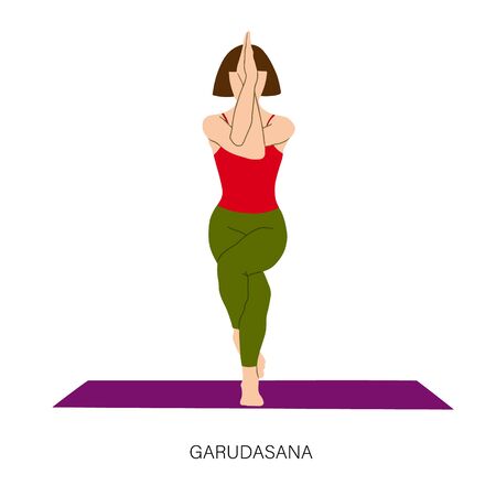 Yogi woman in Garudasana or Eagle yoga pose. Female cartoon character practicing Hatha yoga. Girl demonstrating exercise during gymnastics training. Flat vector illustration.のイラスト素材