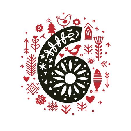 Creative number six 6 with folk motives - scandinavian. Vector illustration.のイラスト素材