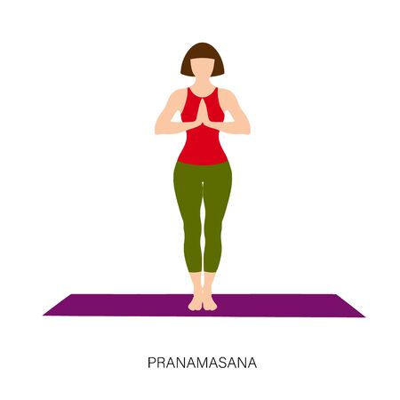 Yogi woman in Pranamasana or Prayer Pose. Female cartoon character practicing Hatha yoga. Girl demonstrating exercise during gymnastics training. Flat vector illustration.のイラスト素材