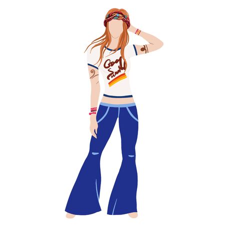 Hippie girl in a white t-shirt and blue jeans isolated on white background. Subculture. Cartoon. Hand-Drawn Flat Vector illustration.のイラスト素材