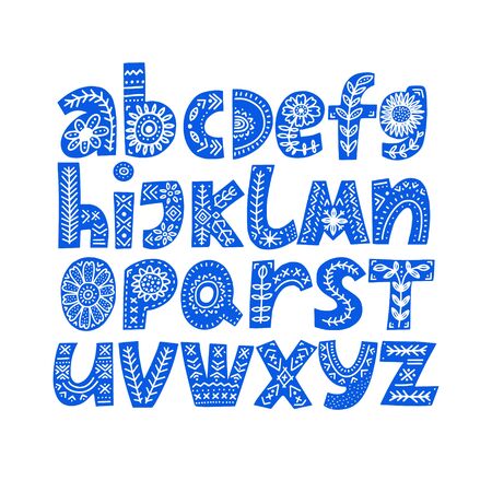 Alphabet hand drawn letters in folk style. Scandinavian Style Font. Ornate blue font, typography set. Bold type capital letters with ethnic decorative brach, leaves, flowers.のイラスト素材