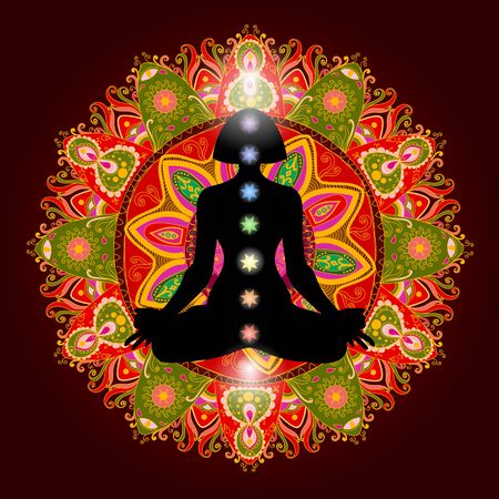 Silhouette in lotus position over colorful ornate mandala. Meditating human in lotus pose. Colorful 9 chakras and aura glow. Chakras concept. Vector illustration.のイラスト素材