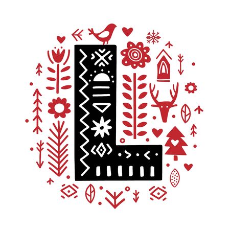 Creative letter L with folk motives - scandinavian. Vector illustration.のイラスト素材