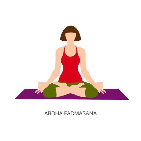 Yogi woman in Ardha padmasana or Yoga Lotus pose. Female cartoon character practicing Hatha yoga. Girl demonstrating exercise during gymnastics training. Flat vector illustration.のイラスト素材