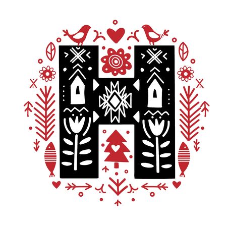 Creative letter H with folk motives - scandinavian. Vector illustration.のイラスト素材