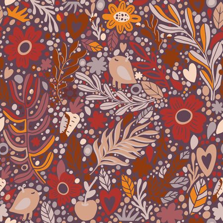 Floral seamless pattern with flowers, branch, leaves, hearts and birds. Pink, yellow colors. Seamless pattern can be used for wallpaper, pattern fills, web page background, surface textures.のイラスト素材