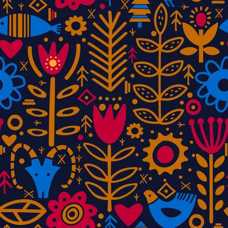 Abstract plants and deer in nordic style seamless pattern.Textile, wallpaper, wrapping paper design ideaのイラスト素材