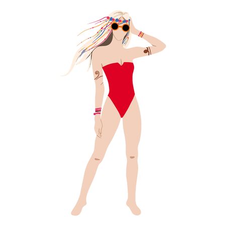 Blonde Hippie girl in a red swimsuit isolated on white background. Subculture. Cartoon. Hand-Drawn Flat Vector illustration.のイラスト素材