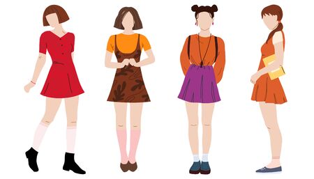 Set of Student girls flat vector illustration. Young girls characters isolated on white background. Happy teenager in casual clothes. Youth lifestyle.のイラスト素材