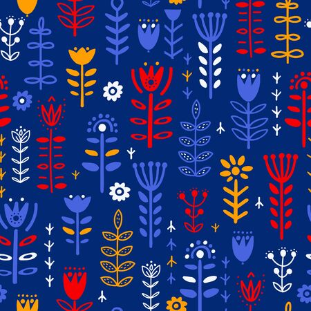 Abstract plants and flowers nordic style seamless pattern on dark blue background.Textile, wallpaper, wrapping paper design ideaのイラスト素材