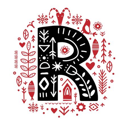 Creative letter R with folk motives - scandinavian. Vector illustration.のイラスト素材