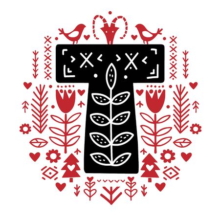 Creative letter T with folk motives - scandinavian. Vector illustration.のイラスト素材