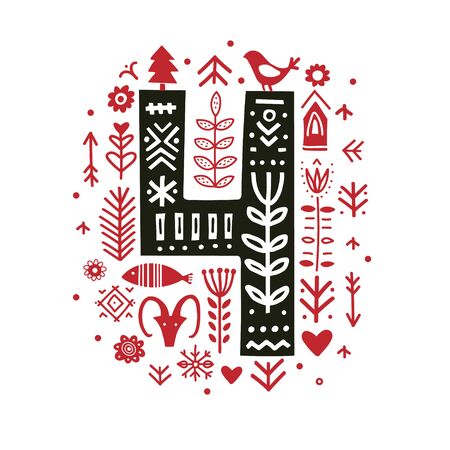 Creative number four 4 with folk motives - scandinavian. Vector illustration.のイラスト素材