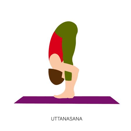 Yogi woman in Uttanasana or Padahastasana Pose. Female cartoon character practicing Hatha yoga. Girl demonstrating exercise during gymnastics training. Flat vector illustration.のイラスト素材